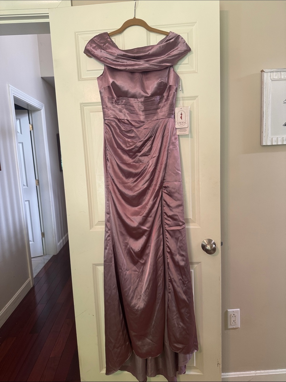 Off-Shoulder Satin Gown in Dusty Rose